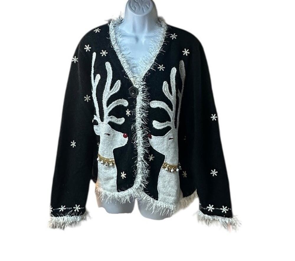 Design Options Reindeer Christmas Cardigan Sweater Beaded Tinsel Trim L